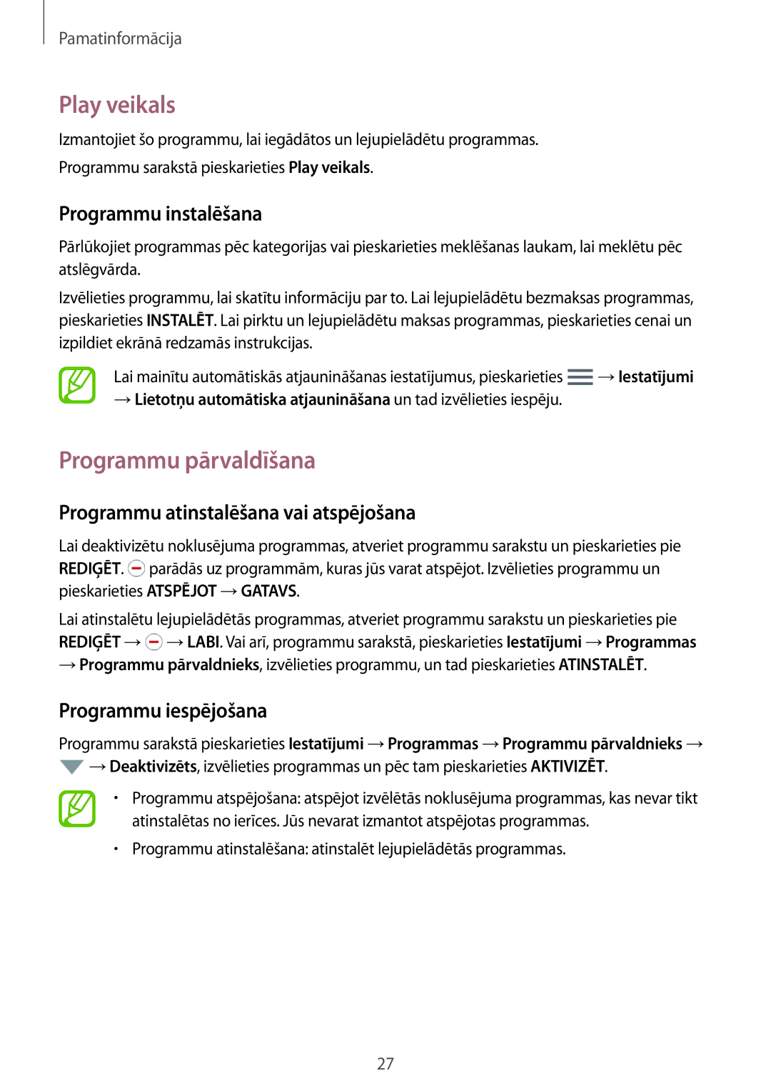 Samsung SM-T555NZWASEB, SM-T555NZKASEB manual Play veikals, Programmu pārvaldīšana, Programmu atinstalēšana vai atspējošana 