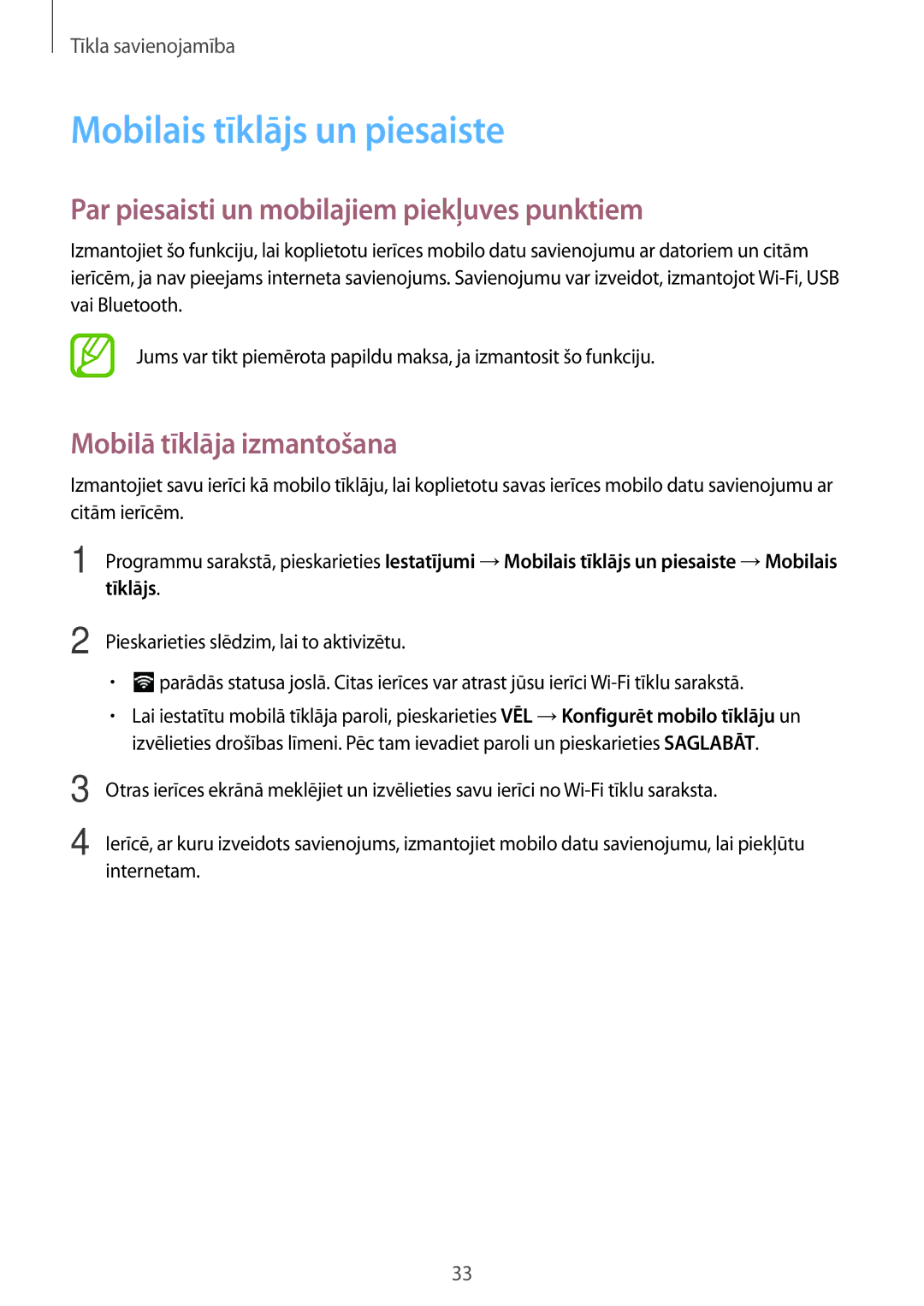 Samsung SM-T555NZWASEB, SM-T555NZKASEB manual Mobilais tīklājs un piesaiste, Par piesaisti un mobilajiem piekļuves punktiem 