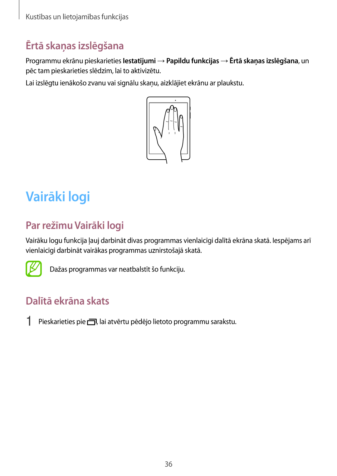 Samsung SM-T555NZKASEB, SM-T555NZWASEB manual Ērtā skaņas izslēgšana, Par režīmu Vairāki logi, Dalītā ekrāna skats 