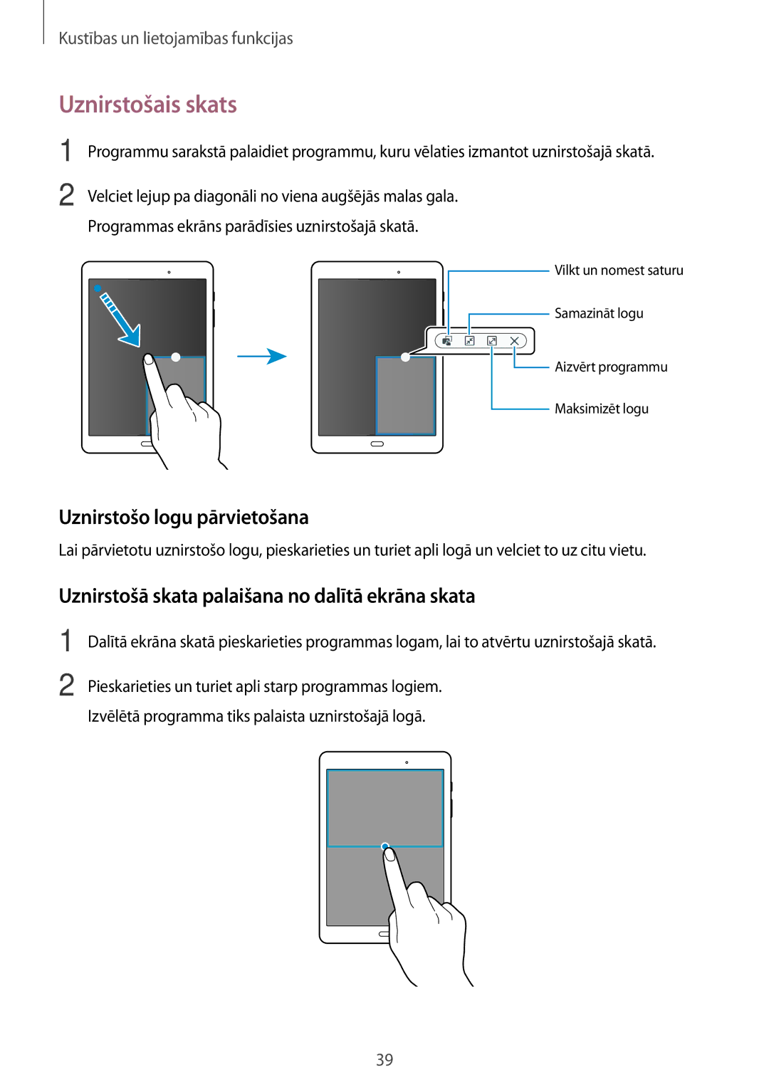 Samsung SM-T555NZWASEB Uznirstošais skats, Uznirstošo logu pārvietošana, Uznirstošā skata palaišana no dalītā ekrāna skata 