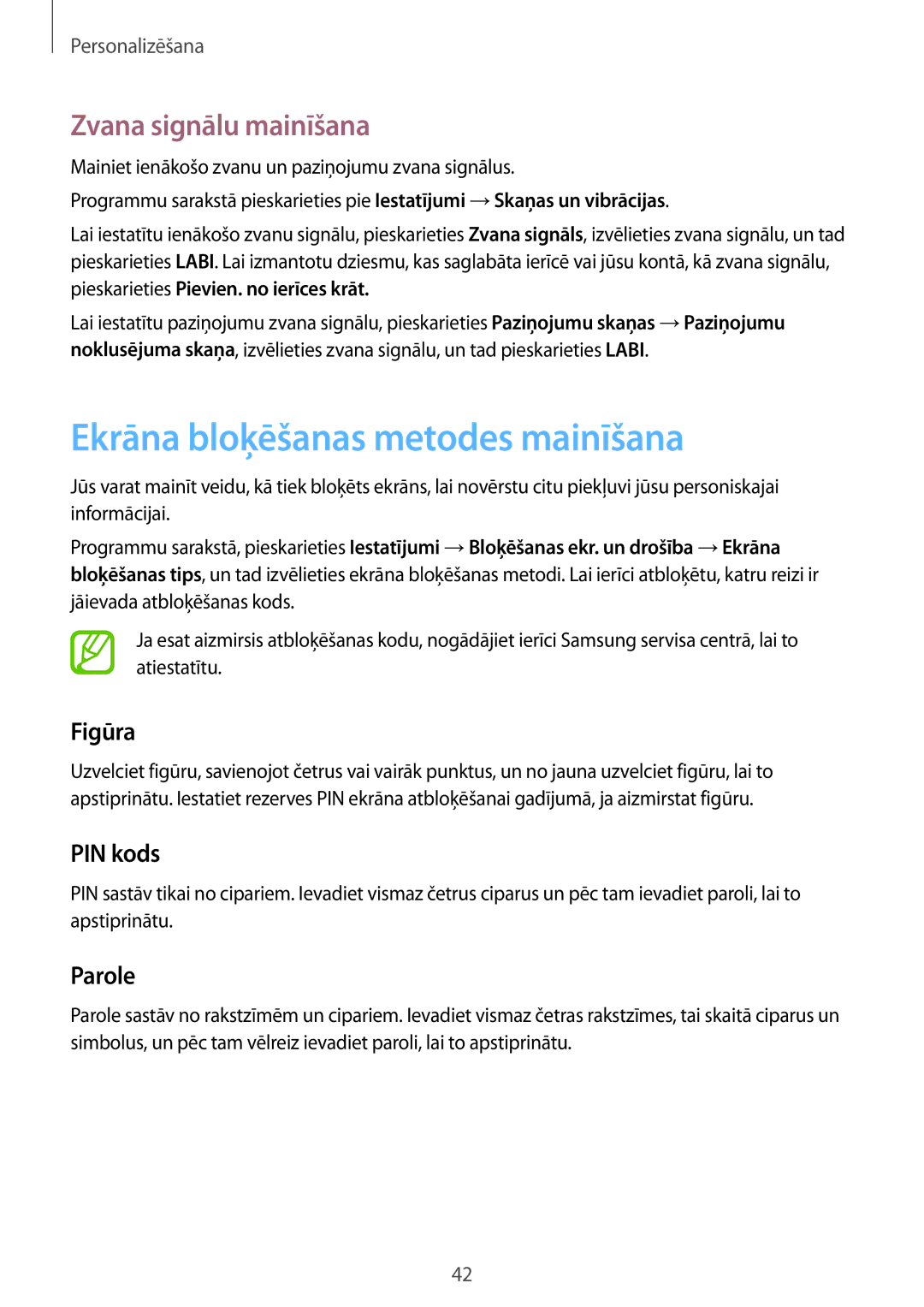 Samsung SM-T555NZKASEB manual Ekrāna bloķēšanas metodes mainīšana, Zvana signālu mainīšana, Figūra, PIN kods, Parole 