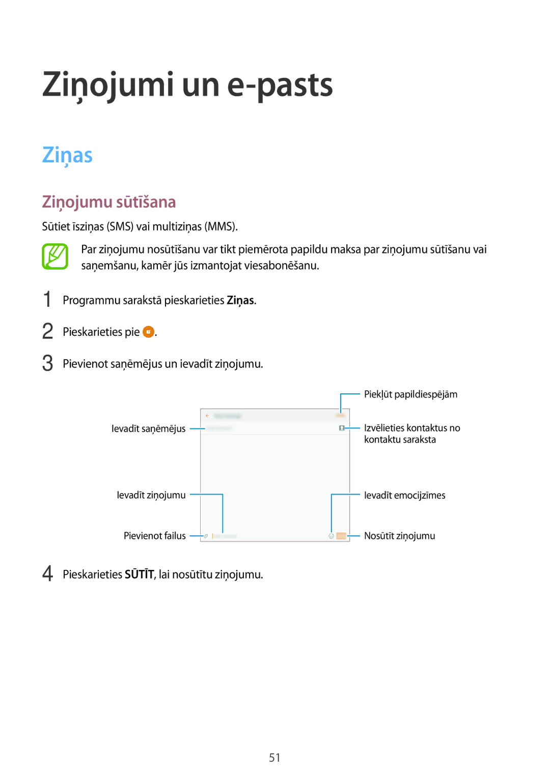 Samsung SM-T555NZWASEB, SM-T555NZKASEB manual Ziņojumi un e-pasts, Ziņas, Ziņojumu sūtīšana 