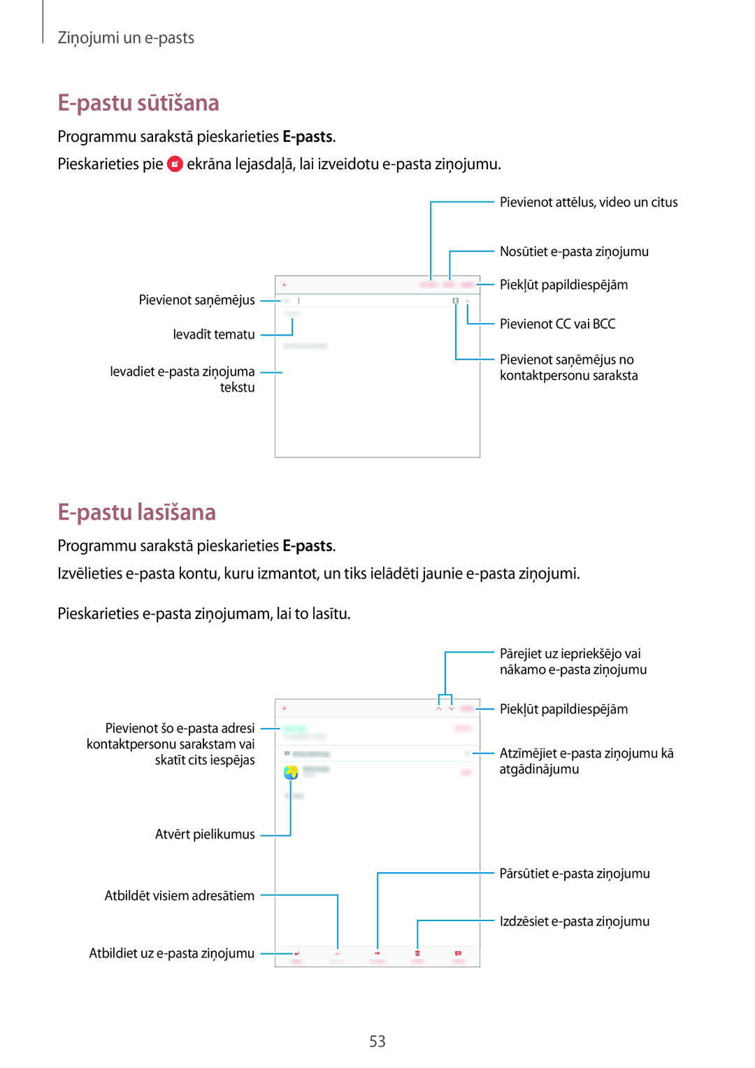 Samsung SM-T555NZWASEB, SM-T555NZKASEB manual Pastu sūtīšana, Pastu lasīšana 