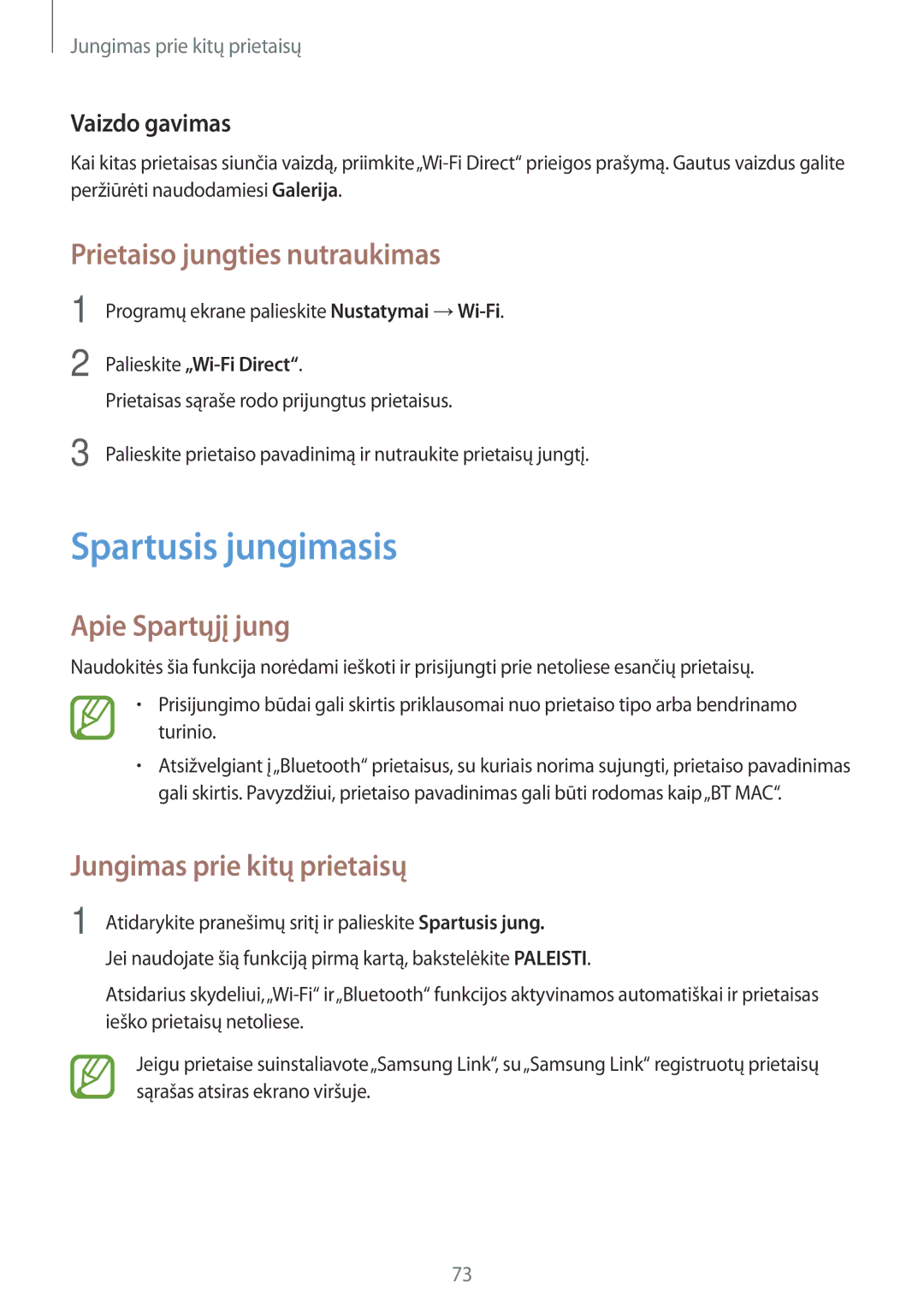 Samsung SM-T555NZWASEB, SM-T555NZKASEB manual Spartusis jungimasis, Prietaiso jungties nutraukimas, Apie Spartųjį jung 