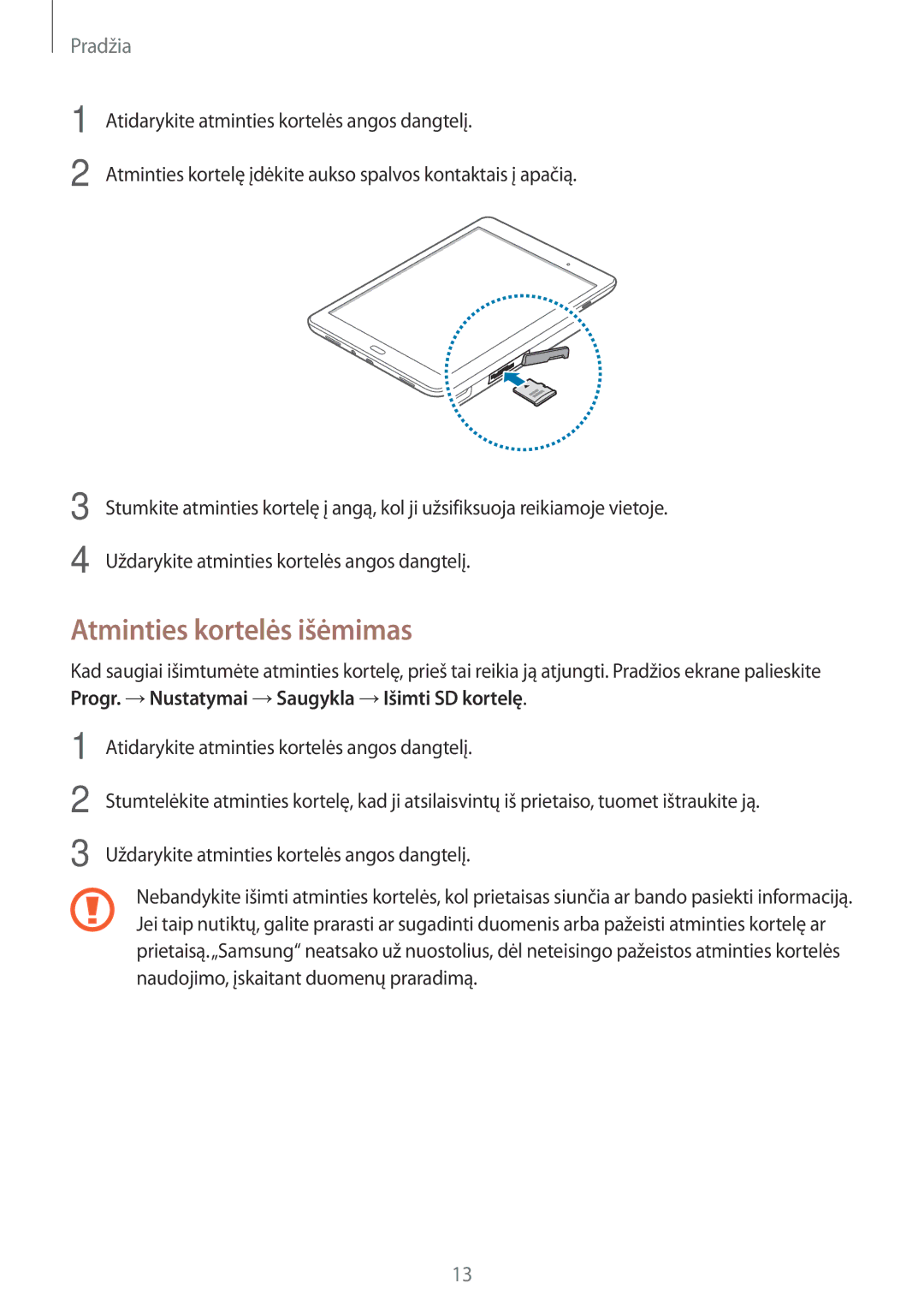 Samsung SM-T555NZWASEB, SM-T555NZKASEB manual Atminties kortelės išėmimas 