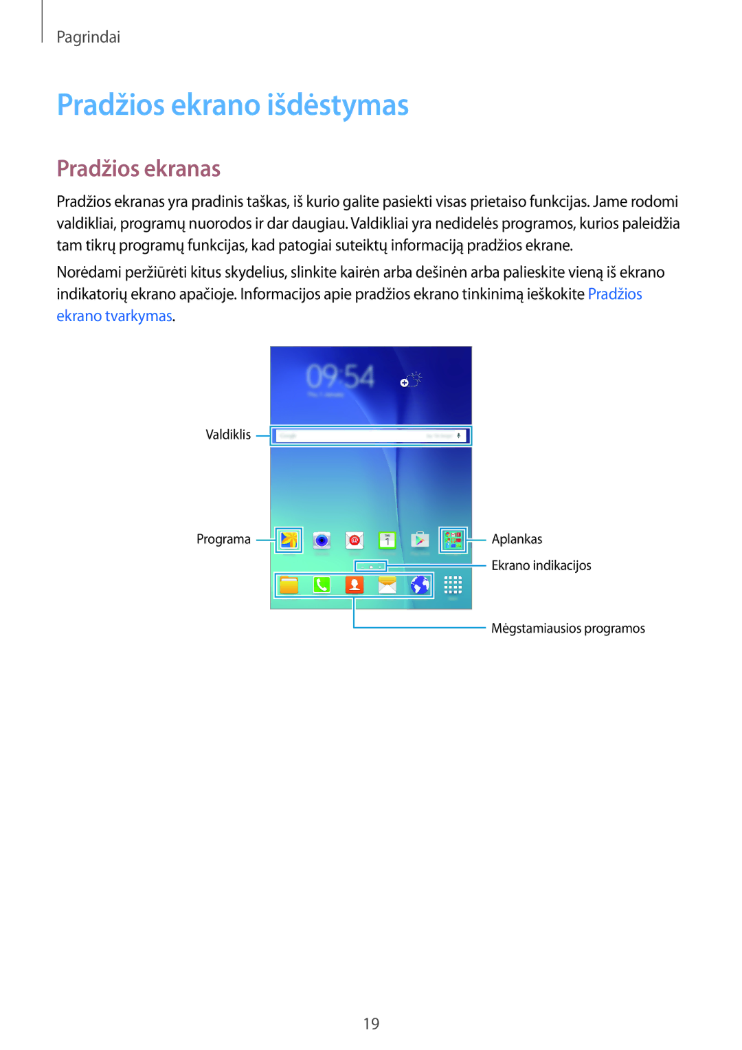 Samsung SM-T555NZWASEB, SM-T555NZKASEB manual Pradžios ekrano išdėstymas, Pradžios ekranas 