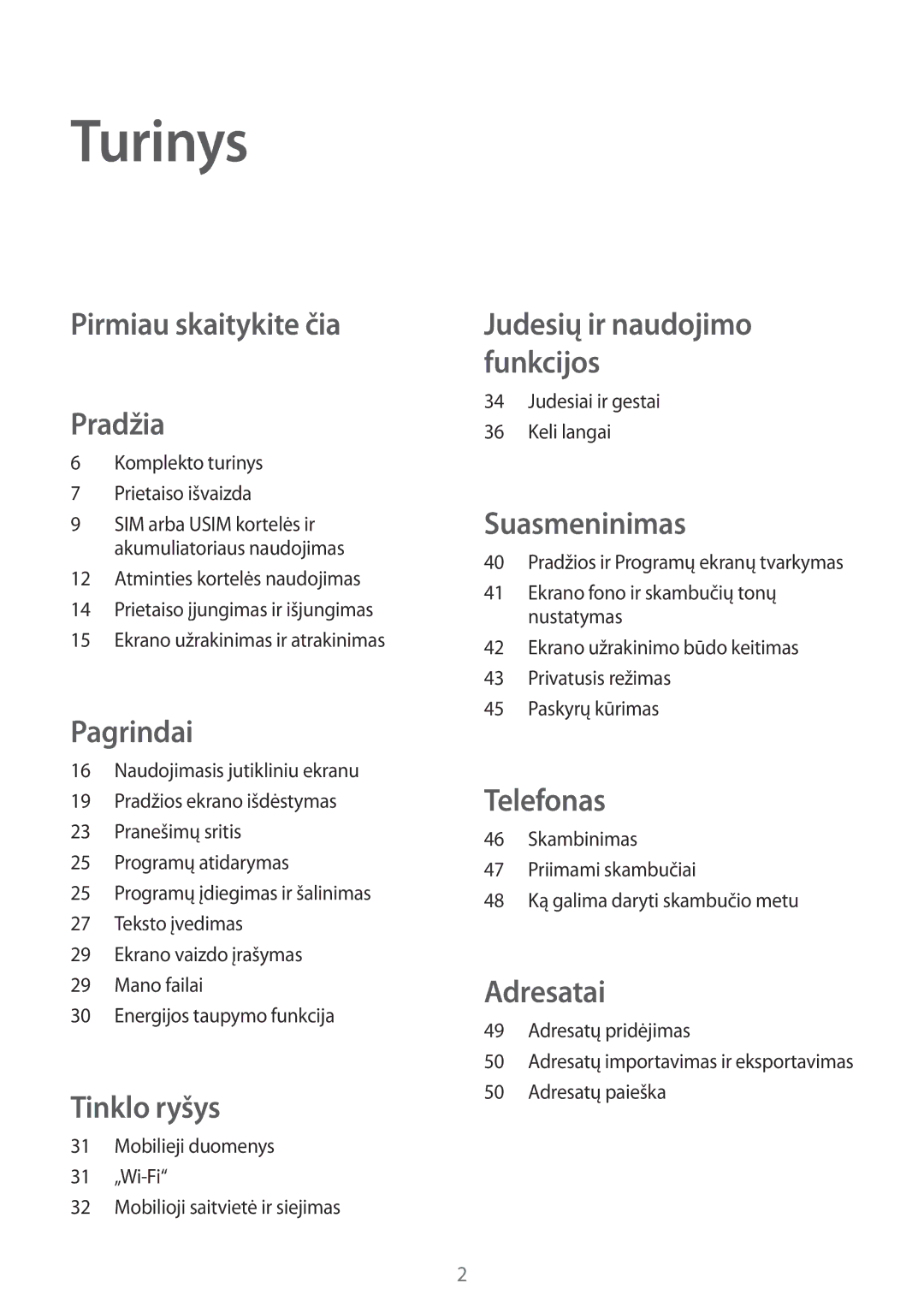 Samsung SM-T555NZKASEB, SM-T555NZWASEB manual Turinys, Komplekto turinys Prietaiso išvaizda, Judesiai ir gestai Keli langai 