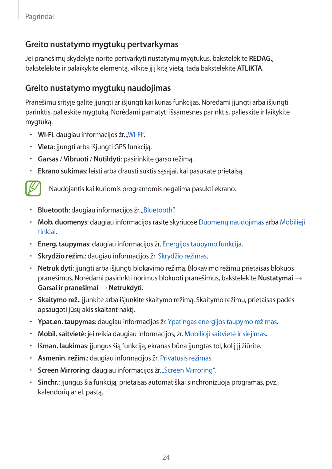 Samsung SM-T555NZKASEB, SM-T555NZWASEB manual Greito nustatymo mygtukų pertvarkymas, Greito nustatymo mygtukų naudojimas 