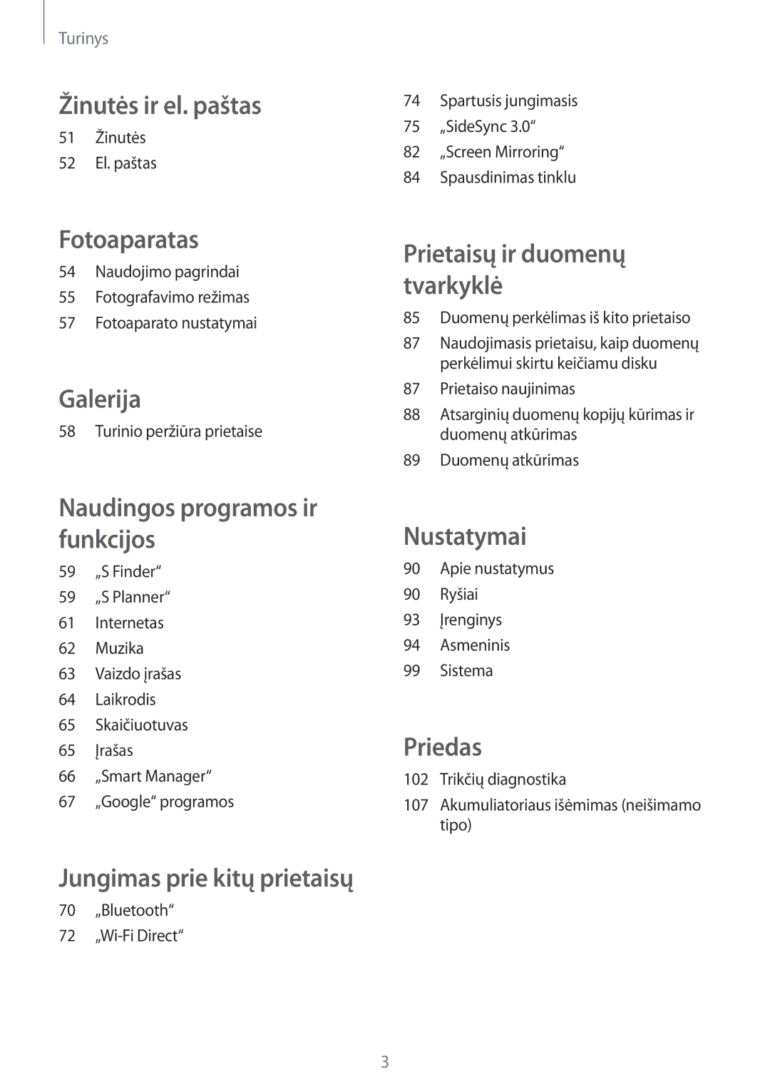 Samsung SM-T555NZWASEB manual 51 Žinutės 52 El. paštas, Turinio peržiūra prietaise, Duomenų perkėlimas iš kito prietaiso 