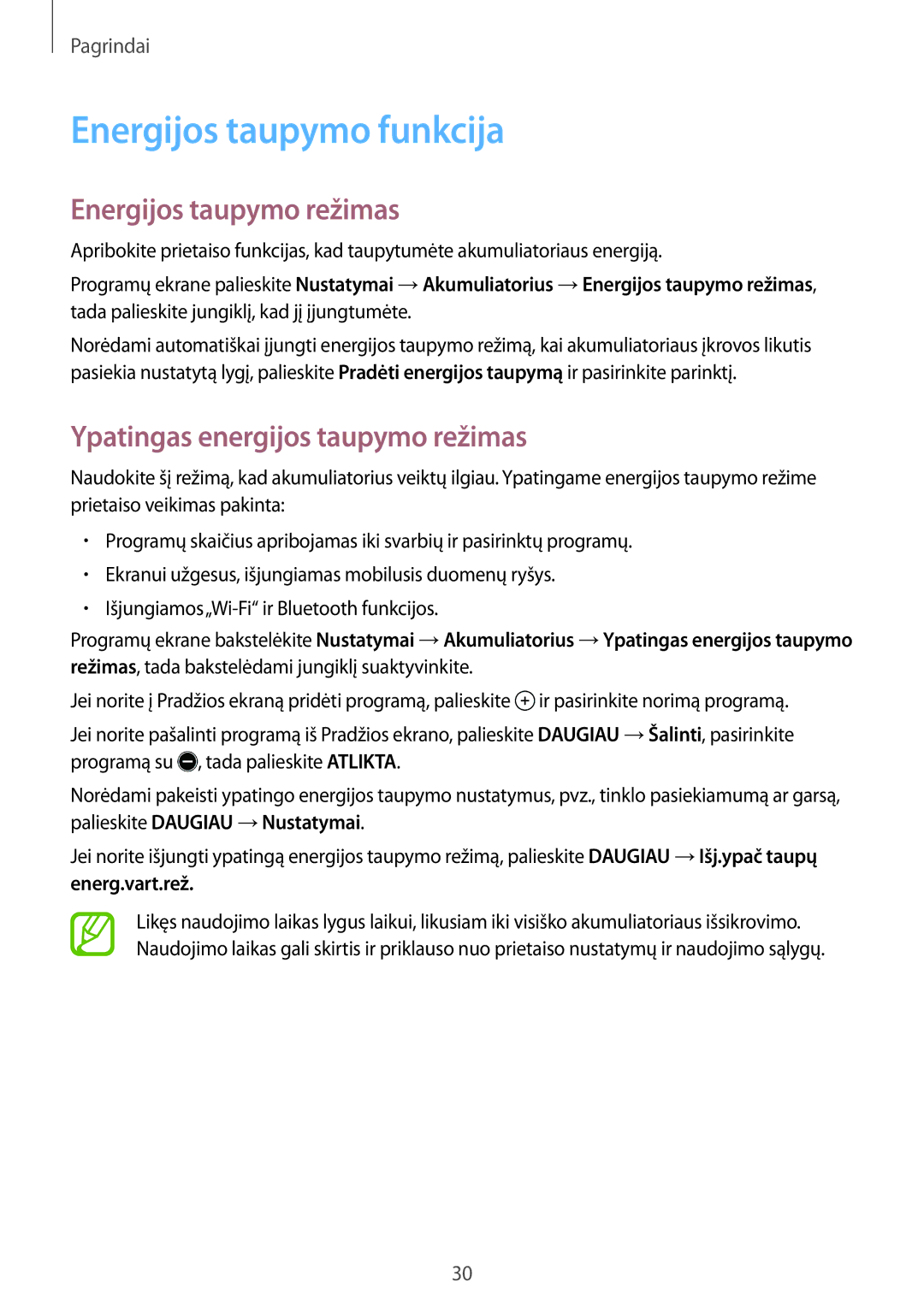 Samsung SM-T555NZKASEB manual Energijos taupymo funkcija, Energijos taupymo režimas, Ypatingas energijos taupymo režimas 