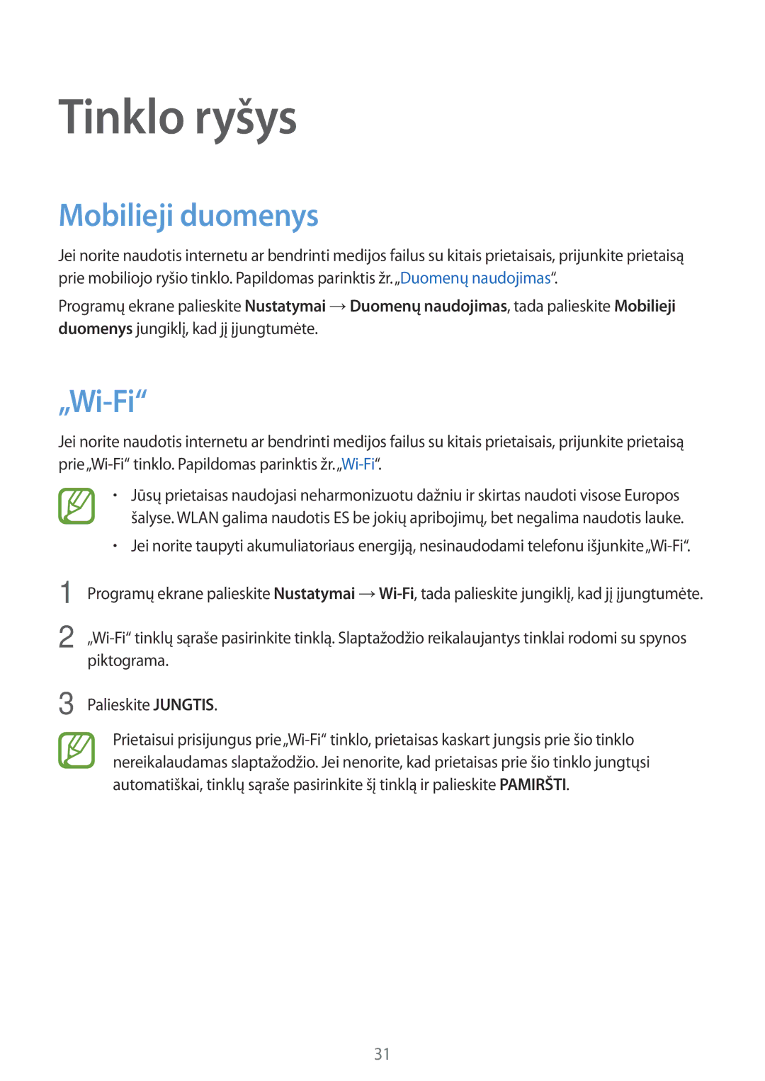 Samsung SM-T555NZWASEB, SM-T555NZKASEB manual Tinklo ryšys, Mobilieji duomenys, „Wi-Fi 