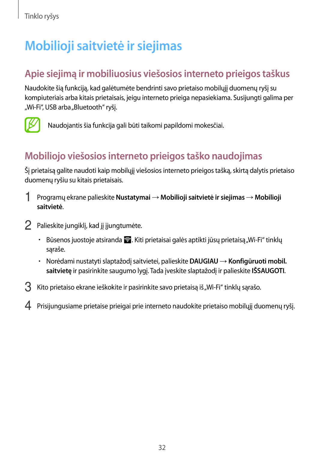 Samsung SM-T555NZKASEB manual Mobilioji saitvietė ir siejimas, Mobiliojo viešosios interneto prieigos taško naudojimas 