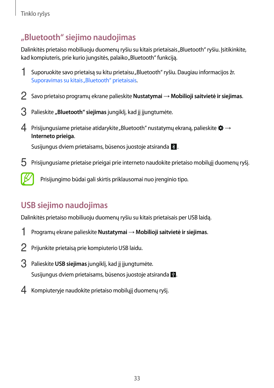 Samsung SM-T555NZWASEB, SM-T555NZKASEB manual „Bluetooth siejimo naudojimas, USB siejimo naudojimas 