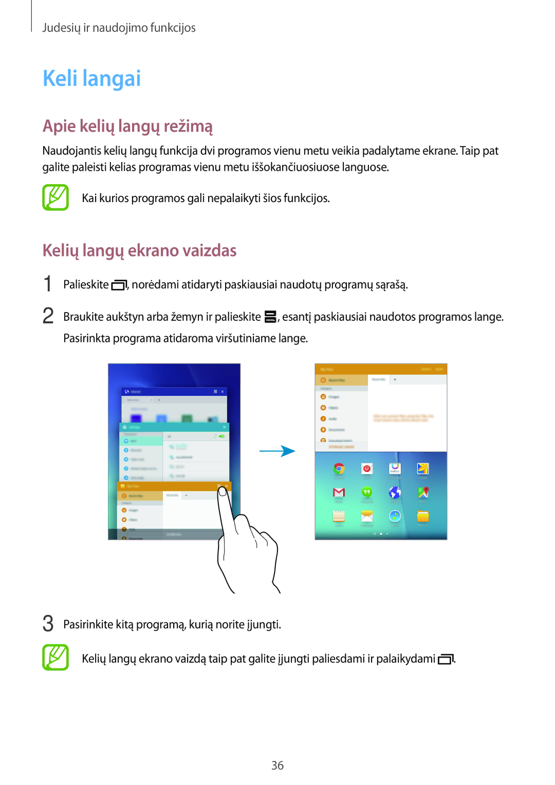 Samsung SM-T555NZKASEB, SM-T555NZWASEB manual Keli langai, Apie kelių langų režimą, Kelių langų ekrano vaizdas 