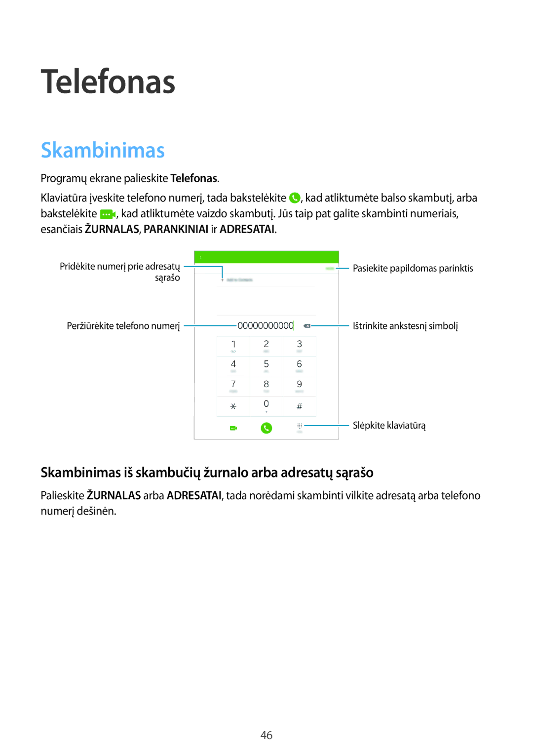 Samsung SM-T555NZKASEB, SM-T555NZWASEB manual Telefonas, Skambinimas iš skambučių žurnalo arba adresatų sąrašo 