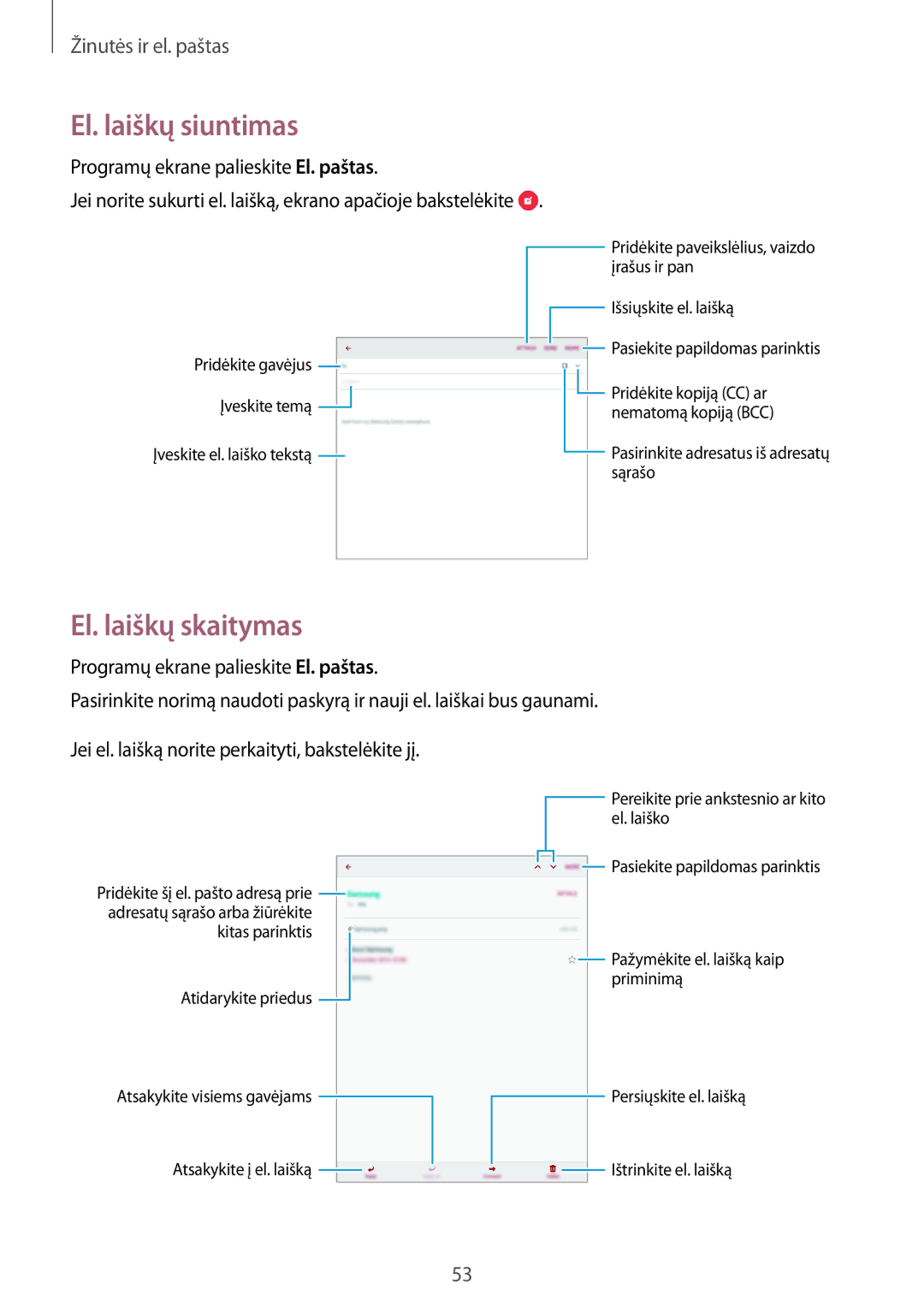 Samsung SM-T555NZWASEB, SM-T555NZKASEB manual El. laiškų siuntimas, El. laiškų skaitymas 