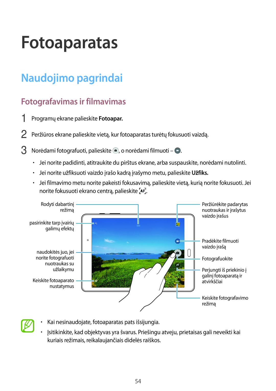 Samsung SM-T555NZKASEB, SM-T555NZWASEB manual Fotoaparatas, Naudojimo pagrindai, Fotografavimas ir filmavimas 
