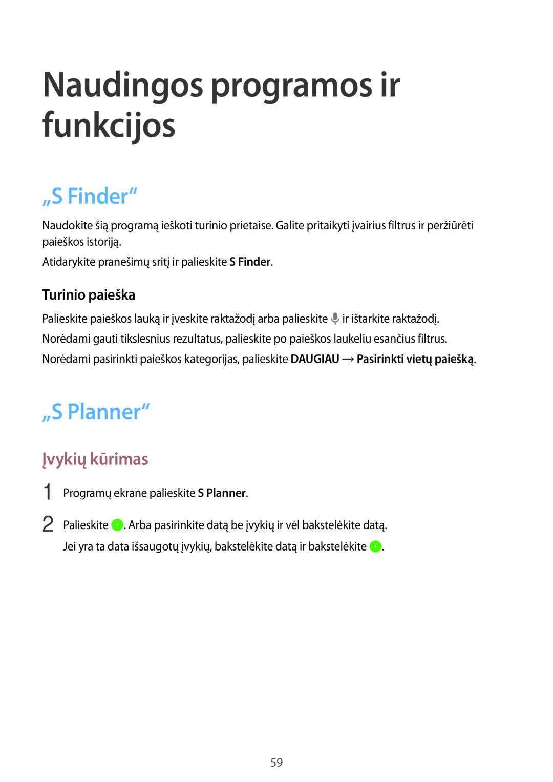 Samsung SM-T555NZWASEB manual „S Finder, „S Planner, Įvykių kūrimas, Turinio paieška, Programų ekrane palieskite S Planner 