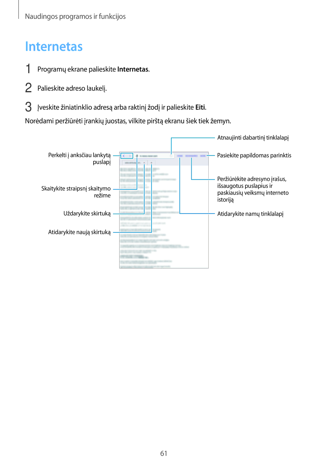 Samsung SM-T555NZWASEB, SM-T555NZKASEB manual Programų ekrane palieskite Internetas, Palieskite adreso laukelį 