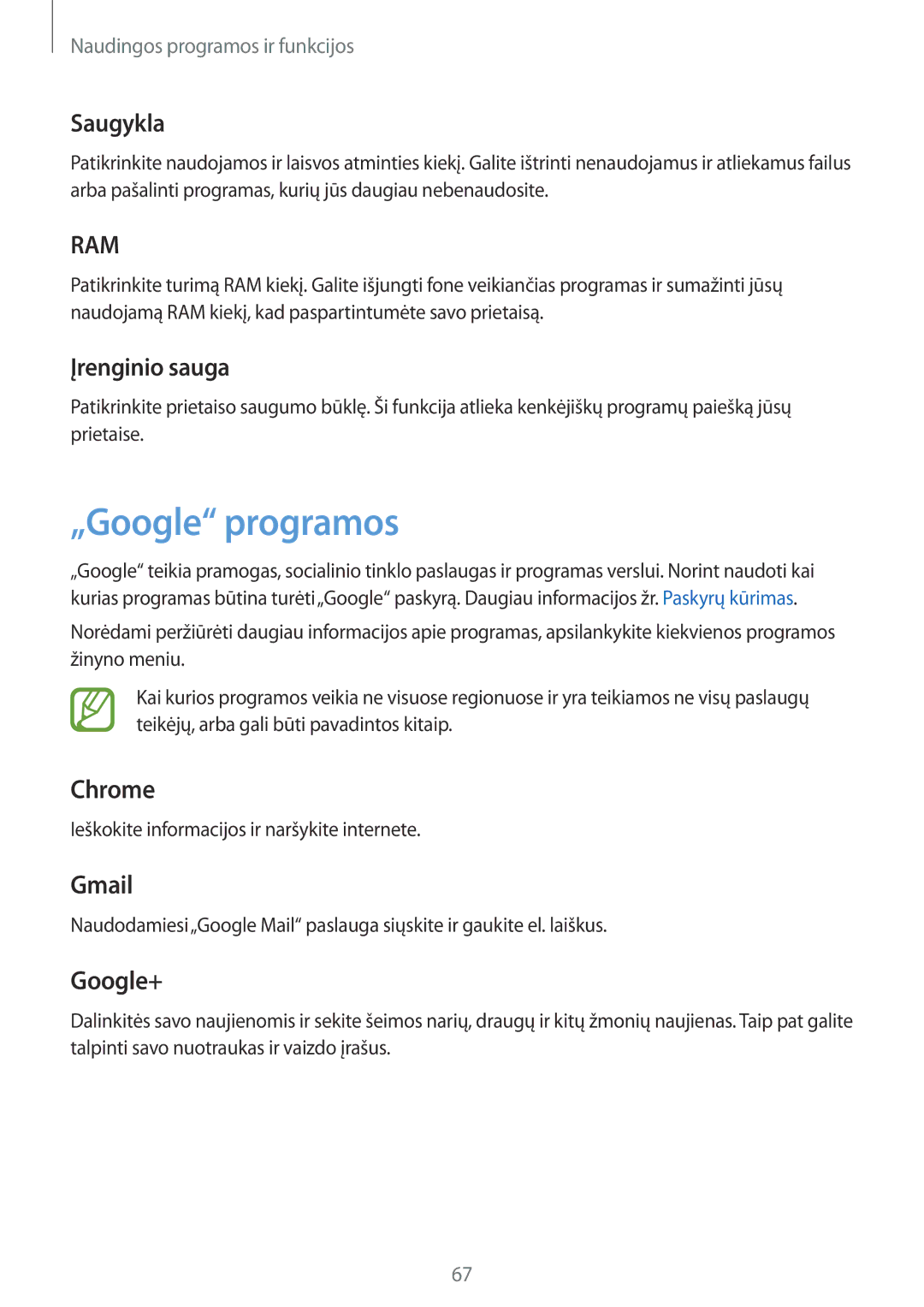 Samsung SM-T555NZWASEB manual „Google programos, Saugykla, Įrenginio sauga, Ieškokite informacijos ir naršykite internete 