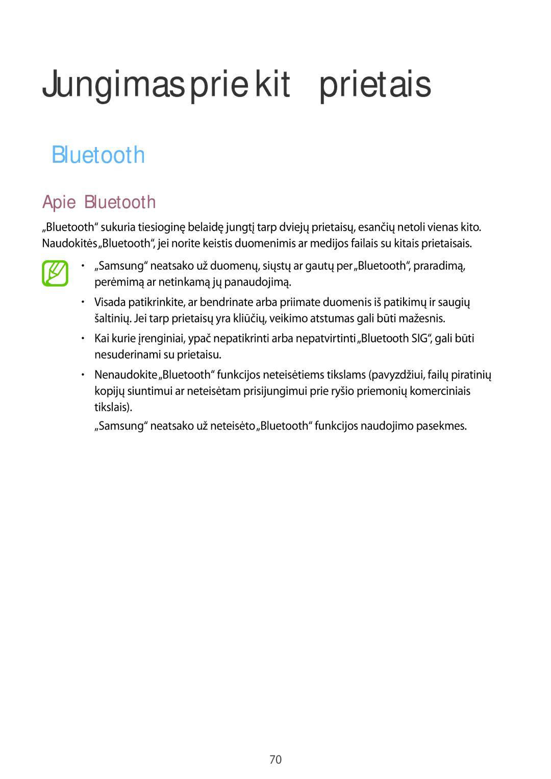 Samsung SM-T555NZKASEB, SM-T555NZWASEB manual Jungimas prie kitų prietaisų, Apie„Bluetooth 