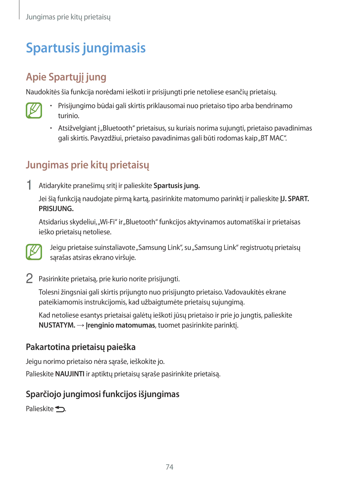 Samsung SM-T555NZKASEB, SM-T555NZWASEB manual Spartusis jungimasis, Apie Spartųjį jung, Pakartotina prietaisų paieška 