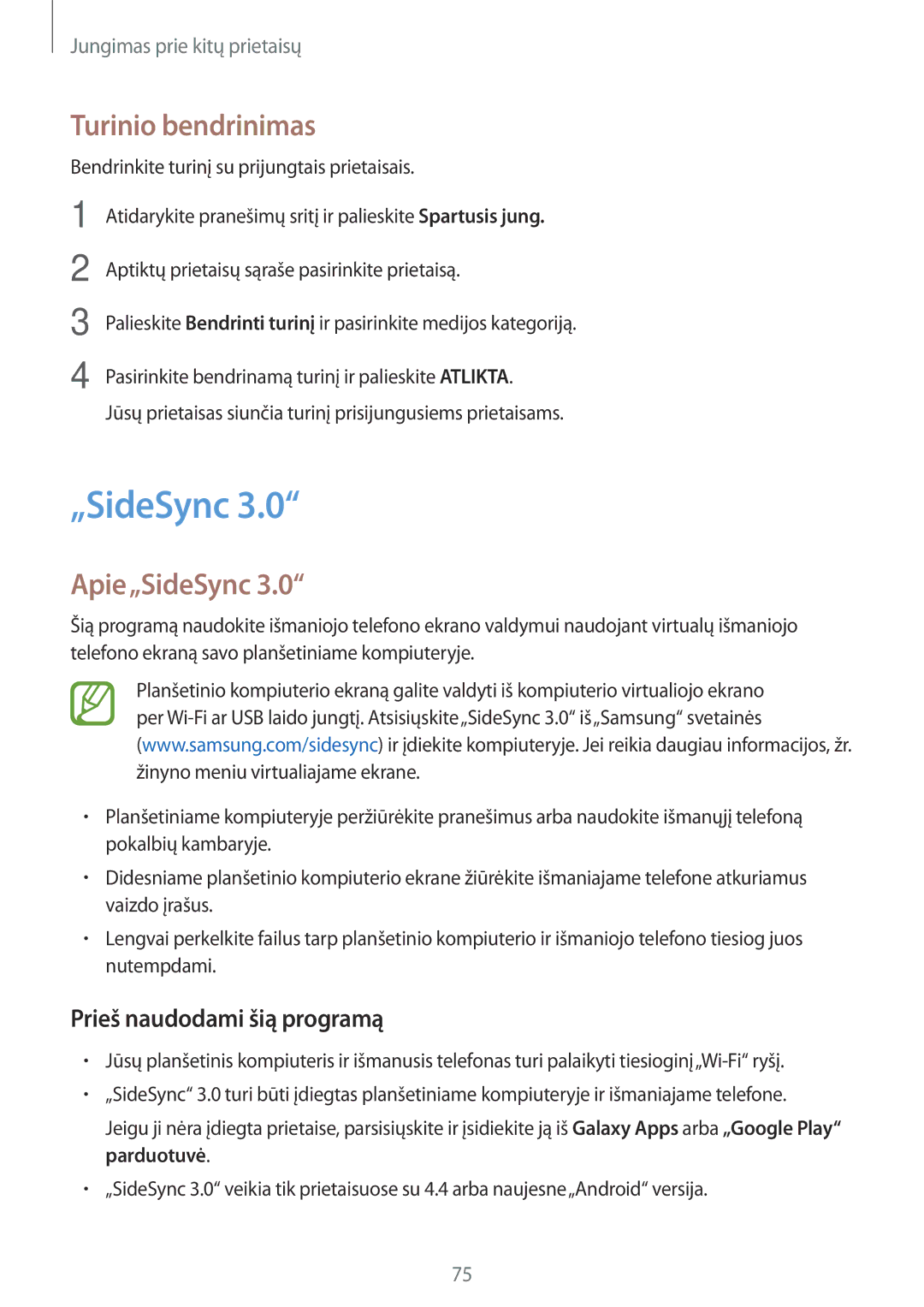 Samsung SM-T555NZWASEB, SM-T555NZKASEB manual Turinio bendrinimas, Apie„SideSync, Prieš naudodami šią programą 