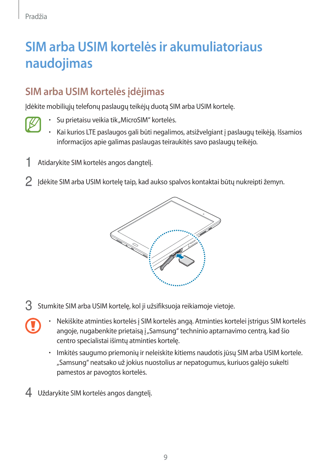 Samsung SM-T555NZWASEB manual SIM arba Usim kortelės ir akumuliatoriaus naudojimas, SIM arba Usim kortelės įdėjimas 