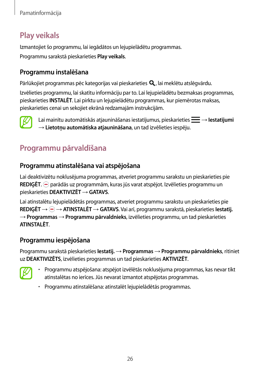Samsung SM-T555NZKASEB, SM-T555NZWASEB manual Play veikals, Programmu pārvaldīšana, Programmu atinstalēšana vai atspējošana 