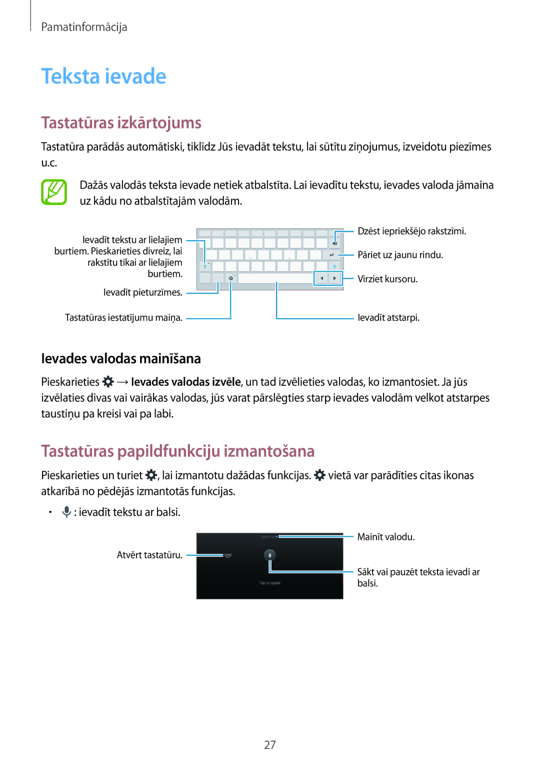 Samsung SM-T555NZWASEB, SM-T555NZKASEB manual Teksta ievade, Tastatūras izkārtojums, Tastatūras papildfunkciju izmantošana 