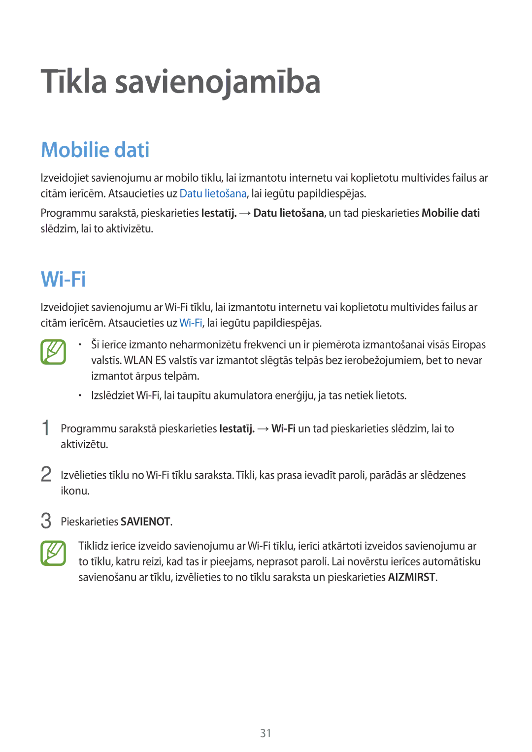 Samsung SM-T555NZWASEB, SM-T555NZKASEB manual Tīkla savienojamība, Mobilie dati, Wi-Fi 