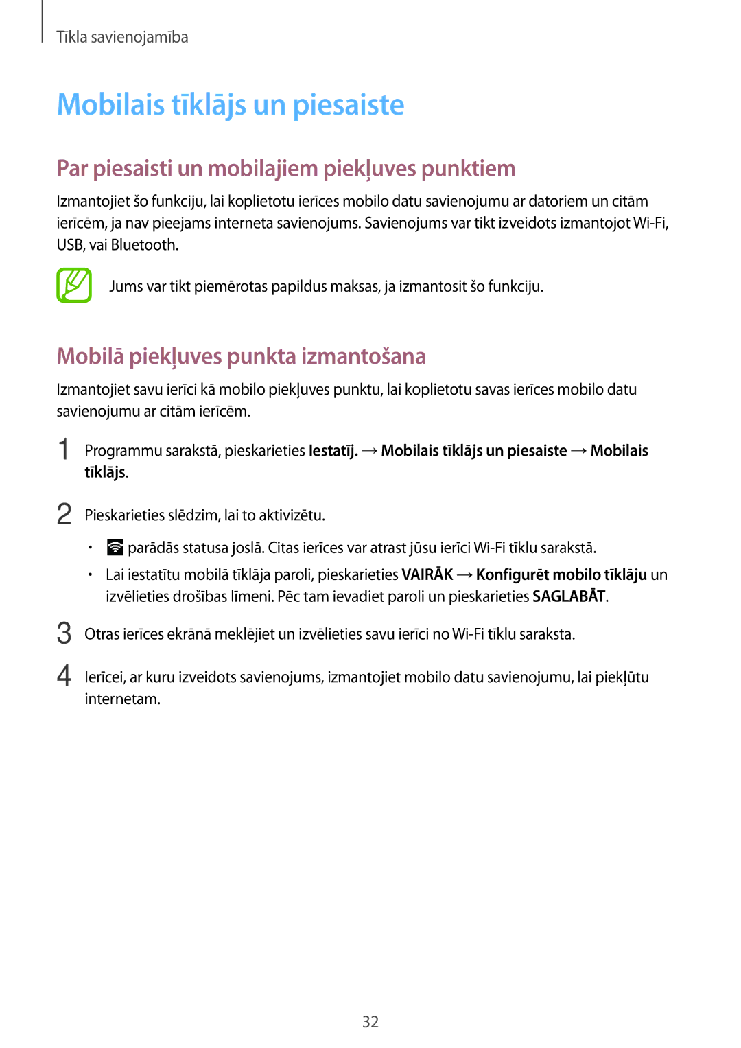 Samsung SM-T555NZKASEB, SM-T555NZWASEB manual Mobilais tīklājs un piesaiste, Par piesaisti un mobilajiem piekļuves punktiem 