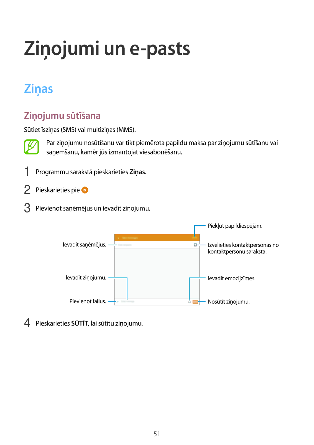 Samsung SM-T555NZWASEB, SM-T555NZKASEB manual Ziņojumi un e-pasts, Ziņas, Ziņojumu sūtīšana 