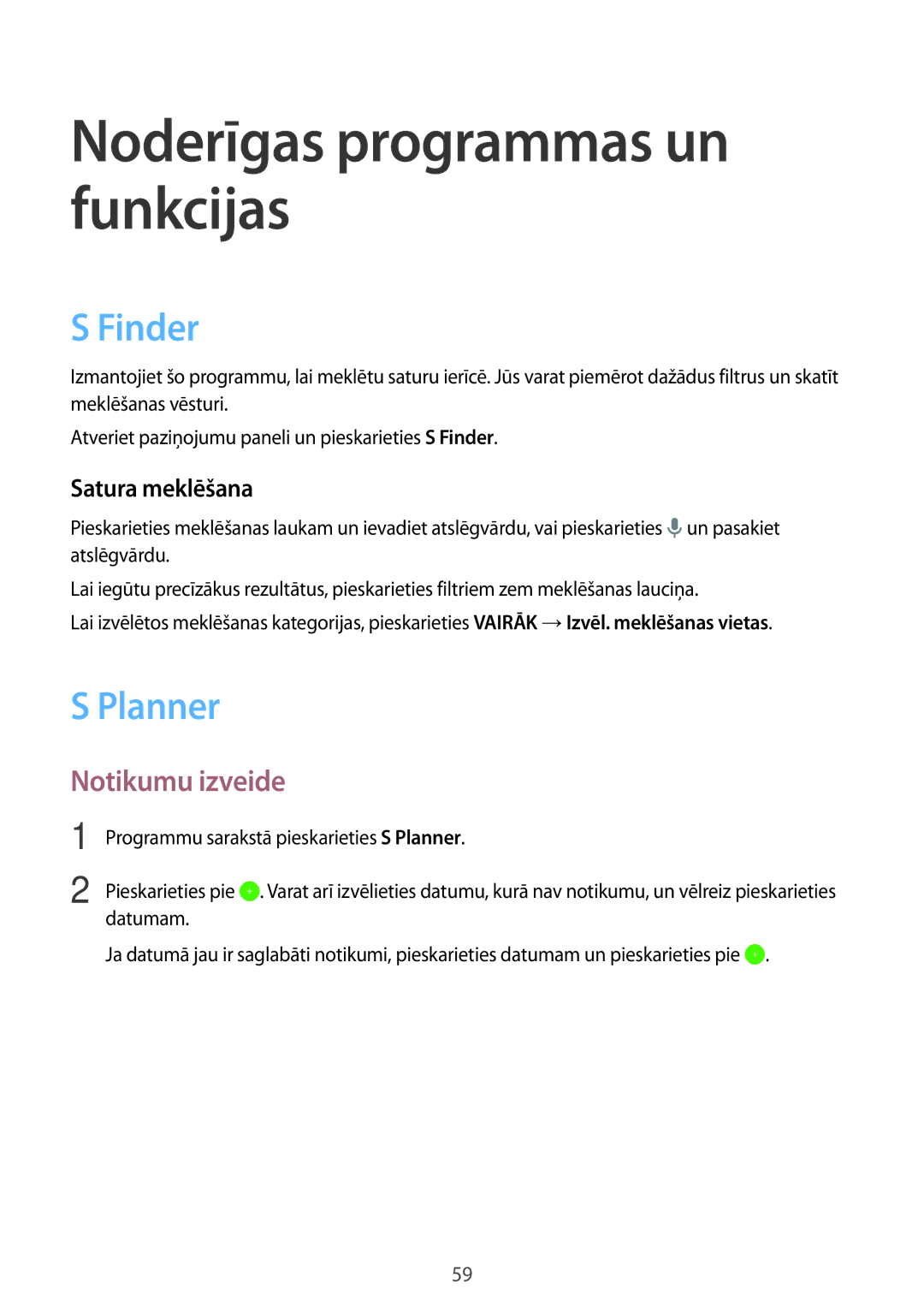 Samsung SM-T555NZWASEB, SM-T555NZKASEB manual Finder, Planner, Notikumu izveide, Satura meklēšana 