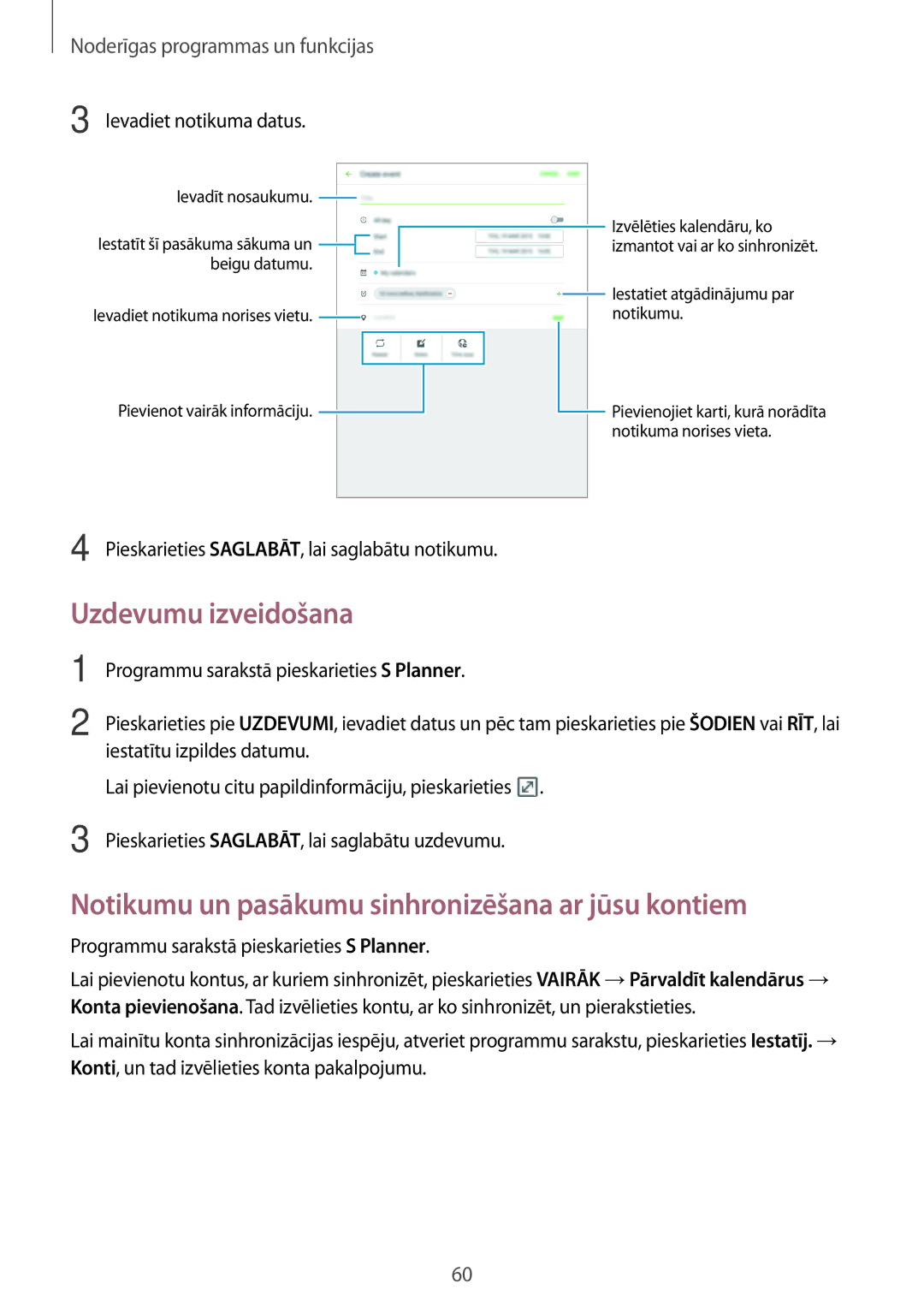 Samsung SM-T555NZKASEB, SM-T555NZWASEB manual Uzdevumu izveidošana, Notikumu un pasākumu sinhronizēšana ar jūsu kontiem 