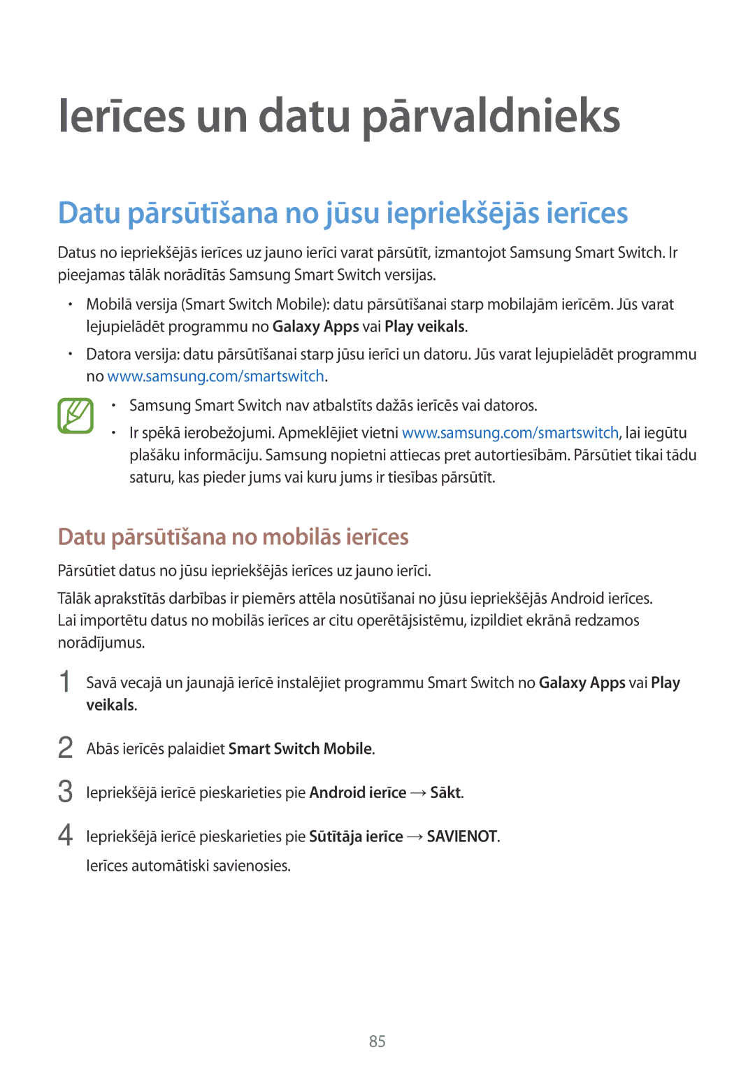 Samsung SM-T555NZWASEB, SM-T555NZKASEB manual Ierīces un datu pārvaldnieks, Datu pārsūtīšana no jūsu iepriekšējās ierīces 