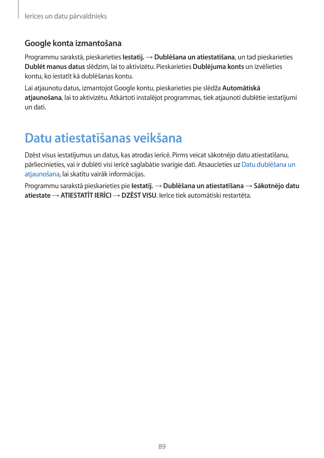 Samsung SM-T555NZWASEB, SM-T555NZKASEB manual Datu atiestatīšanas veikšana, Google konta izmantošana 