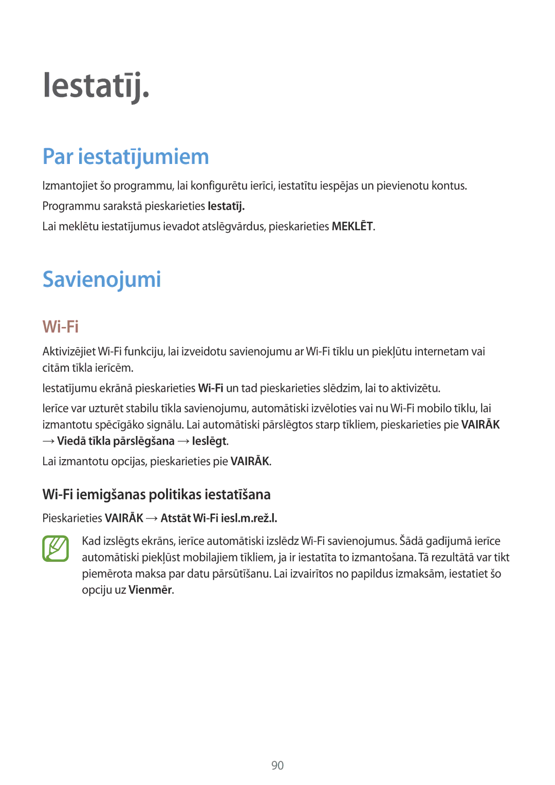 Samsung SM-T555NZKASEB manual Iestatīj, Par iestatījumiem, Savienojumi, Wi-Fi iemigšanas politikas iestatīšana 