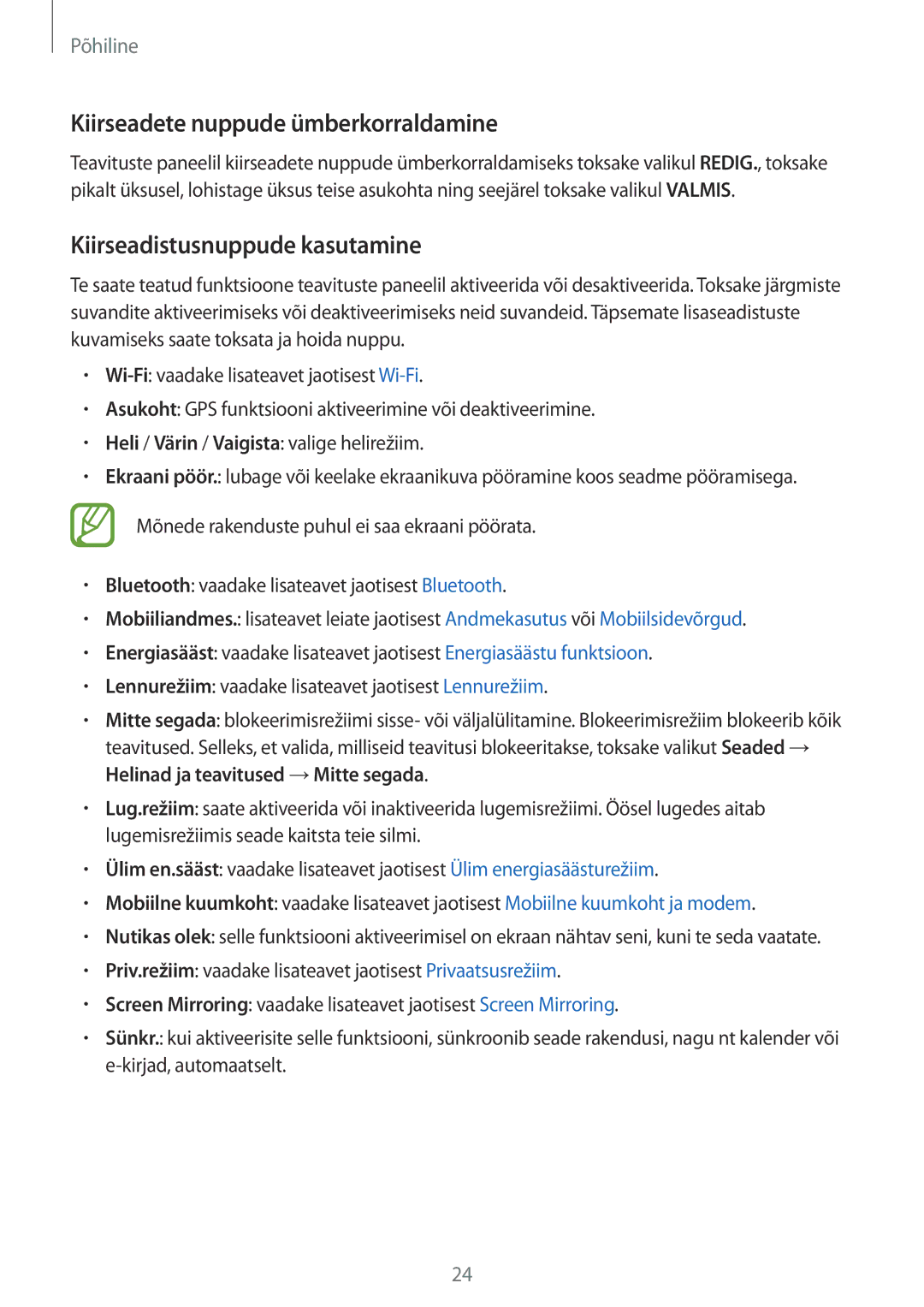 Samsung SM-T555NZKASEB, SM-T555NZWASEB manual Kiirseadete nuppude ümberkorraldamine, Kiirseadistusnuppude kasutamine 