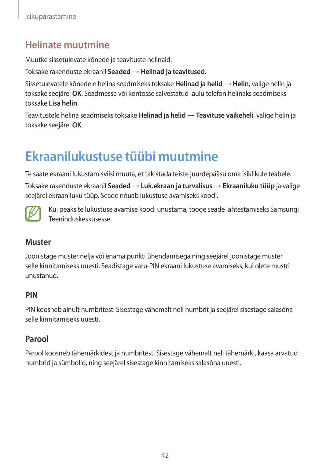 Samsung SM-T555NZKASEB, SM-T555NZWASEB manual Ekraanilukustuse tüübi muutmine, Helinate muutmine, Muster, Parool 