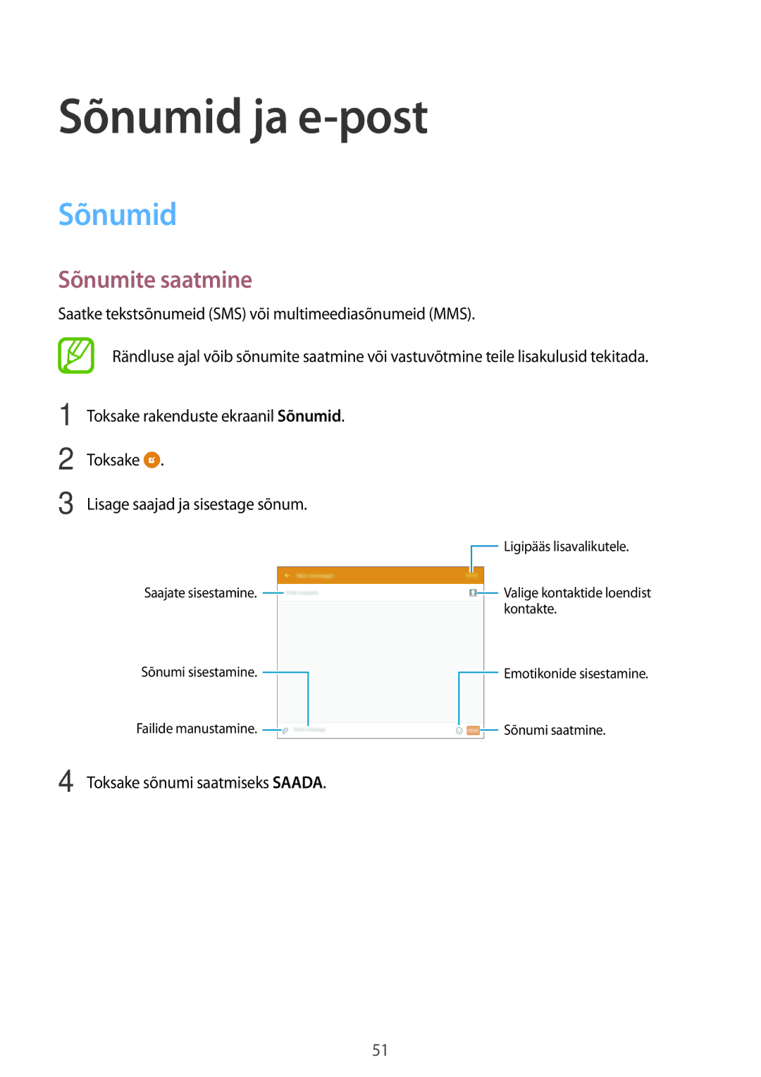 Samsung SM-T555NZWASEB, SM-T555NZKASEB manual Sõnumid ja e-post, Sõnumite saatmine 