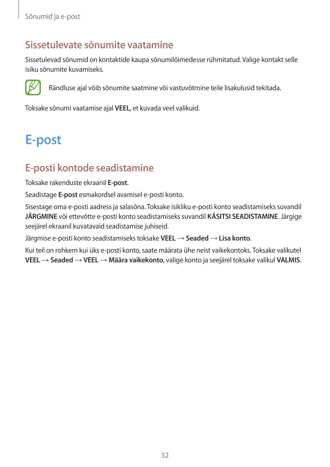 Samsung SM-T555NZKASEB, SM-T555NZWASEB manual Sissetulevate sõnumite vaatamine, Posti kontode seadistamine 