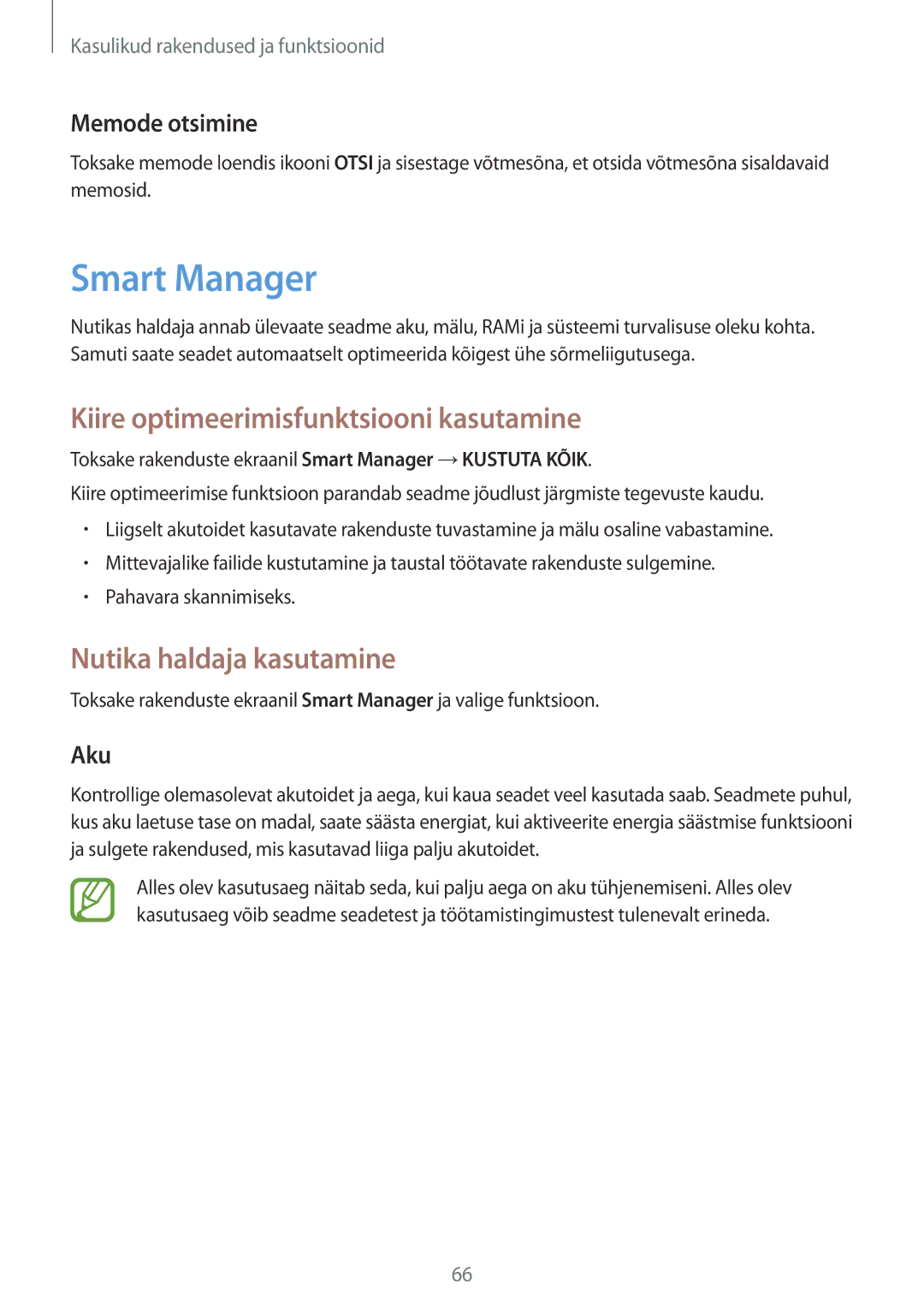 Samsung SM-T555NZKASEB Smart Manager, Kiire optimeerimisfunktsiooni kasutamine, Nutika haldaja kasutamine, Memode otsimine 