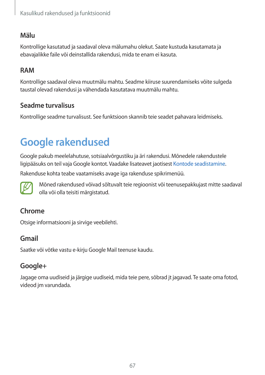 Samsung SM-T555NZWASEB, SM-T555NZKASEB manual Google rakendused, Mälu, Seadme turvalisus 