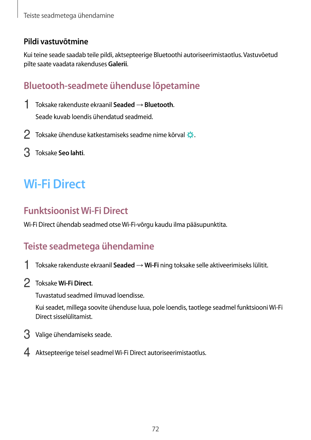 Samsung SM-T555NZKASEB manual Bluetooth-seadmete ühenduse lõpetamine, Funktsioonist Wi-Fi Direct, Pildi vastuvõtmine 