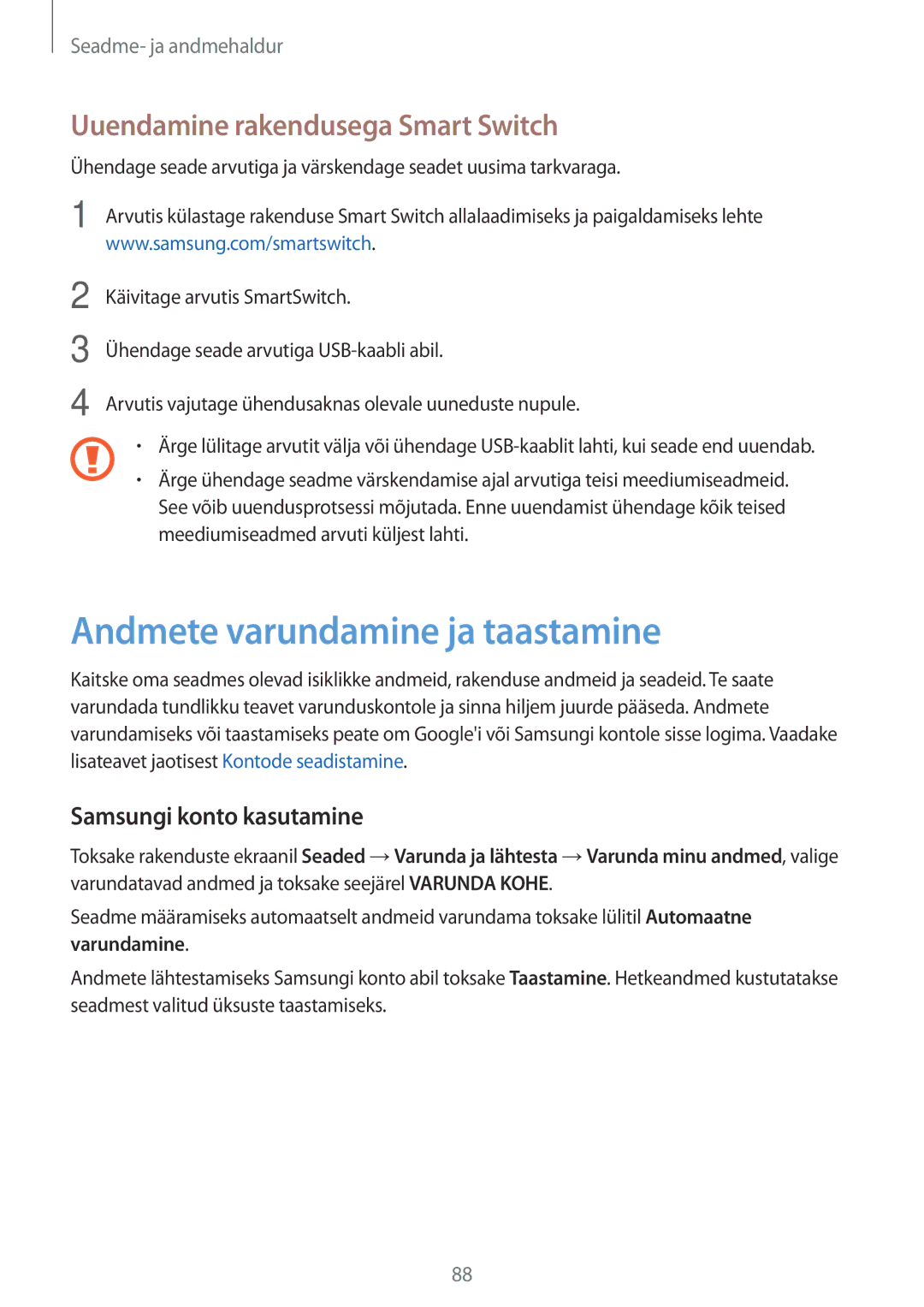 Samsung SM-T555NZKASEB Andmete varundamine ja taastamine, Uuendamine rakendusega Smart Switch, Samsungi konto kasutamine 