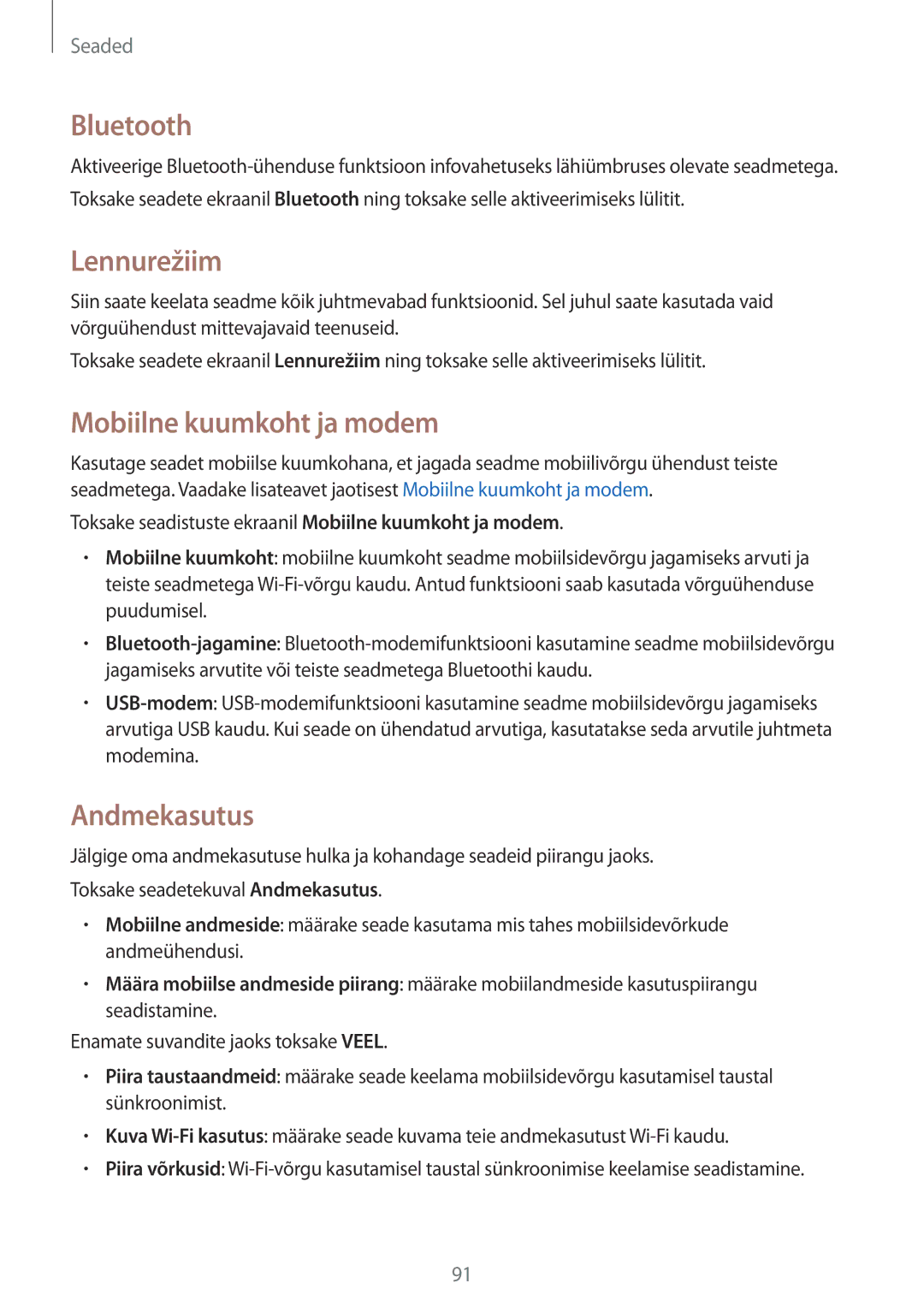 Samsung SM-T555NZWASEB, SM-T555NZKASEB manual Bluetooth, Lennurežiim, Mobiilne kuumkoht ja modem, Andmekasutus 