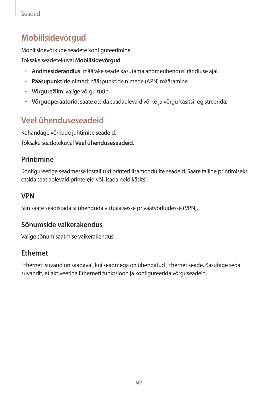 Samsung SM-T555NZKASEB manual Mobiilsidevõrgud, Veel ühenduseseadeid, Printimine, Sõnumside vaikerakendus, Ethernet 