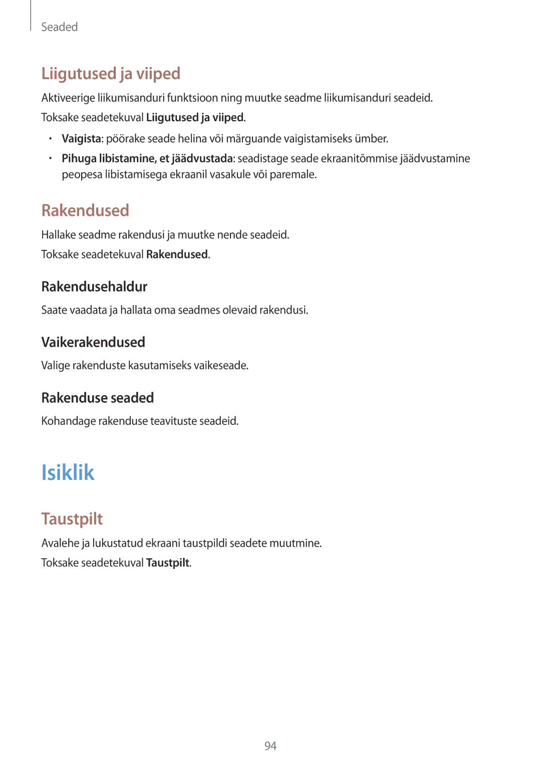 Samsung SM-T555NZKASEB, SM-T555NZWASEB manual Isiklik, Liigutused ja viiped, Rakendused, Taustpilt 