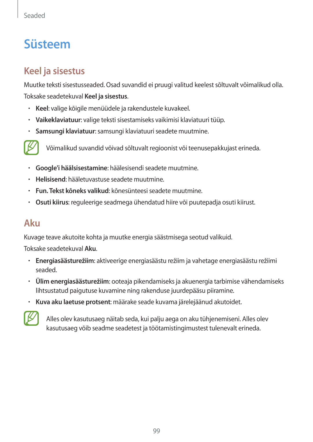 Samsung SM-T555NZWASEB, SM-T555NZKASEB manual Süsteem, Keel ja sisestus, Aku 